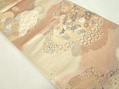 平和屋本店▼六通柄袋帯　唐織　花鳥文　本金箔二重織　正絹　逸品　DABE9339sf