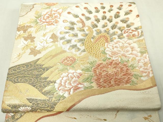 平和屋本店▼六通柄袋帯　唐織　孔雀花文　純金　正絹　逸品　DABE9353sf