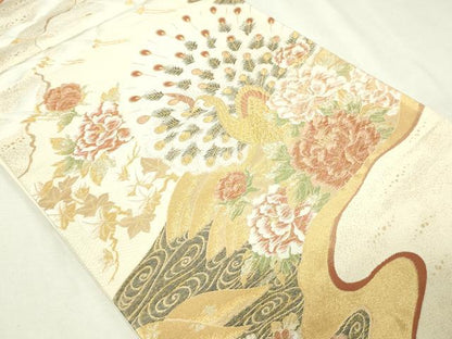 平和屋本店▼六通柄袋帯　唐織　孔雀花文　純金　正絹　逸品　DABE9353sf