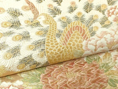 平和屋本店▼六通柄袋帯　唐織　孔雀花文　純金　正絹　逸品　DABE9353sf