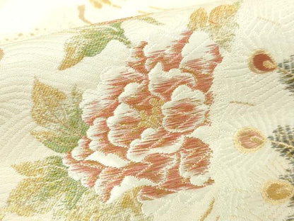 平和屋本店▼六通柄袋帯　唐織　孔雀花文　純金　正絹　逸品　DABE9353sf