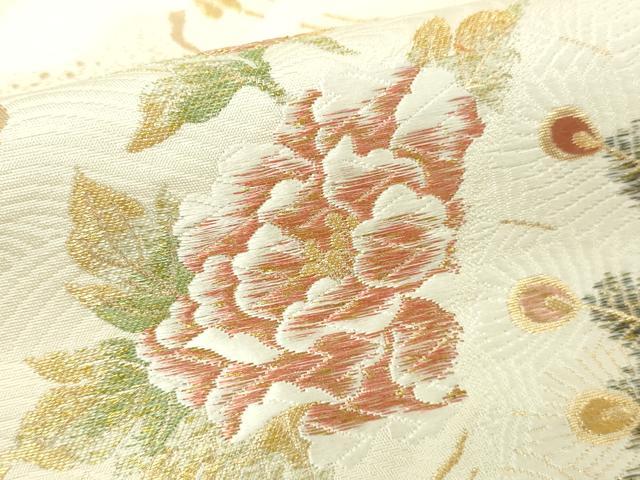 平和屋本店▼六通柄袋帯　唐織　孔雀花文　純金　正絹　逸品　DABE9353sf