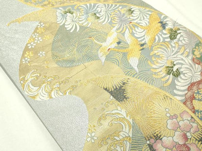 平和屋本店▼六通柄袋帯　唐織　菱菊宝鶴文　本金箔　正絹　逸品　DABE9356sf