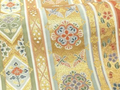 平和屋本店▼西陣　長嶋成織物　ながしま帯　六通柄袋帯　尾長鳥花文　紹巴瀞金　本金箔　正絹　逸品　DABE9390sf