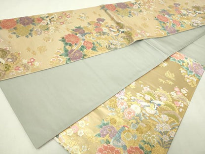 平和屋本店▼六通柄袋帯　唐織　孔雀花鳥文　純金箔二重織　正絹　逸品　DABE9409sf