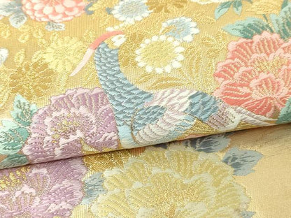平和屋本店▼六通柄袋帯　唐織　孔雀花鳥文　純金箔二重織　正絹　逸品　DABE9409sf