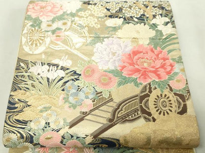 平和屋本店▼六通柄袋帯　唐織　芳燿花車文　九百錦　24ｋ純金箔錦　正絹　逸品　DABE9416sf
