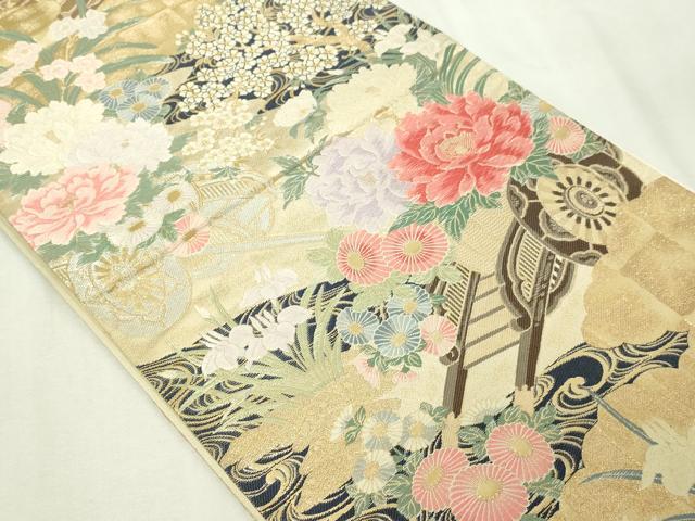 平和屋本店▼六通柄袋帯　唐織　芳燿花車文　九百錦　24ｋ純金箔錦　正絹　逸品　DABE9416sf
