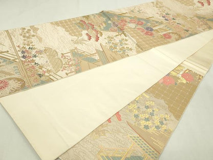 平和屋本店▼六通柄袋帯　唐織　離宮絵巻文　純金二重箔　正絹　逸品　DABE9419sf