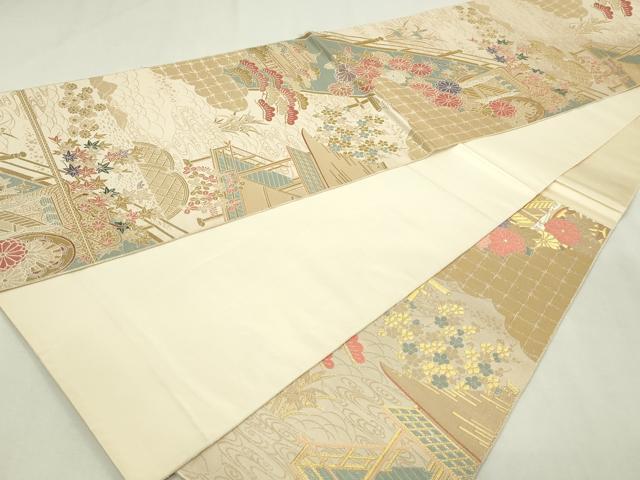 平和屋本店▼六通柄袋帯　唐織　離宮絵巻文　純金二重箔　正絹　逸品　DABE9419sf
