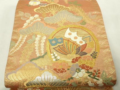 平和屋本店▼六通柄袋帯　唐織　花蝶丸文　鏡金　正絹　逸品　DABE9429sf