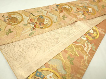 平和屋本店▼六通柄袋帯　唐織　花蝶丸文　鏡金　正絹　逸品　DABE9429sf