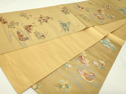 平和屋本店▼六通柄袋帯　唐織　流水花鳥文　慴金錦引箔　正絹　逸品　DABE9433sf