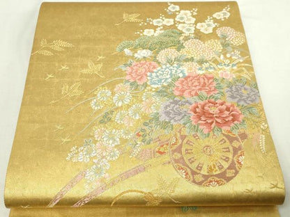 平和屋本店▼太鼓柄袋帯　唐織　花車　漆金引箔　正絹　逸品　DABE9442sf