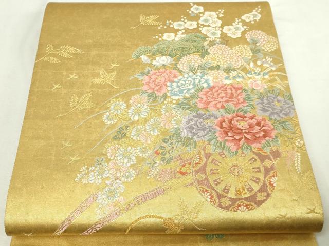 平和屋本店▼太鼓柄袋帯　唐織　花車　漆金引箔　正絹　逸品　DABE9442sf