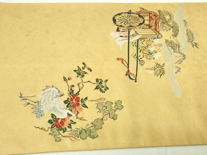 平和屋本店▼太鼓柄袋帯　群れ鶴御所車花文　沈金箔　正絹　逸品　DABE9450sf
