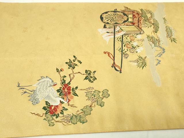 平和屋本店▼太鼓柄袋帯　群れ鶴御所車花文　沈金箔　正絹　逸品　DABE9450sf