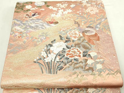 平和屋本店▼六通柄袋帯　唐織　有職瑞鳥文　純金箔九百錦　正絹　逸品　DABE9451sf