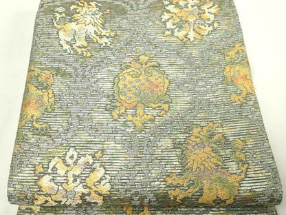 平和屋本店▼六通柄袋帯　獅子　本泥染　金唐箔　正絹　逸品　DABE9456sf