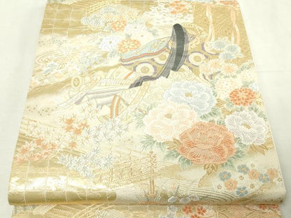 平和屋本店▼六通柄袋帯　唐織　王朝絵巻文　九百本金箔　正絹　逸品　DABE9471sf