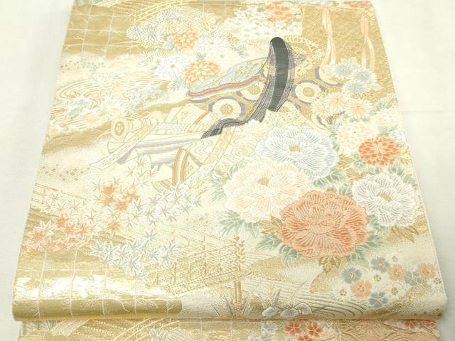 平和屋本店▼六通柄袋帯　唐織　王朝絵巻文　九百本金箔　正絹　逸品　DABE9471sf