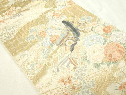 平和屋本店▼六通柄袋帯　唐織　王朝絵巻文　九百本金箔　正絹　逸品　DABE9471sf