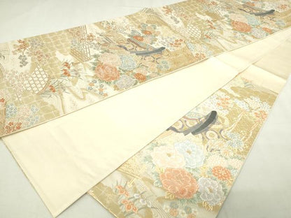平和屋本店▼六通柄袋帯　唐織　王朝絵巻文　九百本金箔　正絹　逸品　DABE9471sf