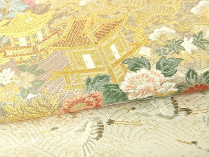 平和屋本店▼六通柄袋帯　風景飛鶴文　九百本金弐重織　正絹　逸品　DABE9474sf