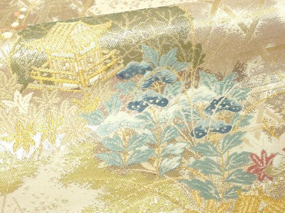 平和屋本店▼六通柄袋帯　風景飛鶴文　九百本金弐重織　正絹　逸品　DABE9474sf