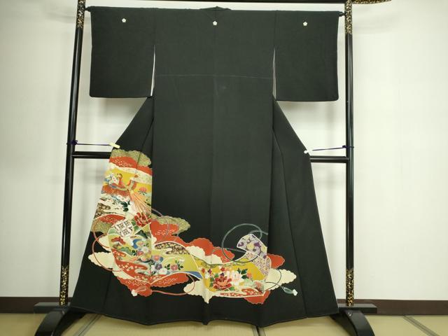 平和屋着物■豪華黒留袖　駒刺繍　尾長鳥草花文　金彩　正絹　逸品　DABE9486sf