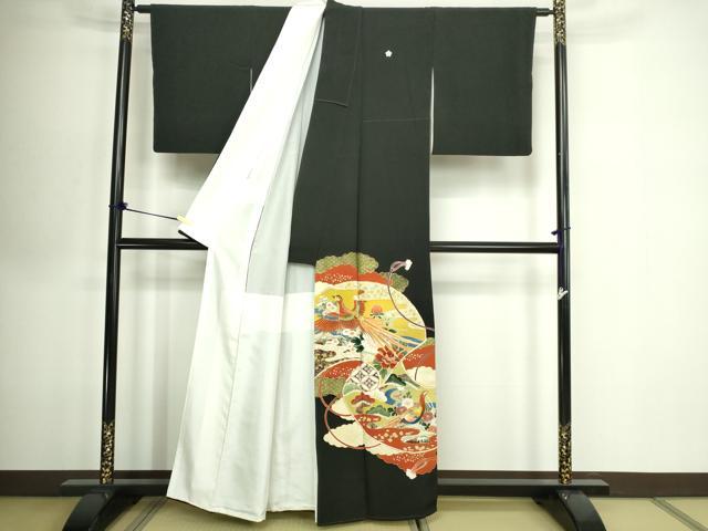 平和屋着物■豪華黒留袖　駒刺繍　尾長鳥草花文　金彩　正絹　逸品　DABE9486sf