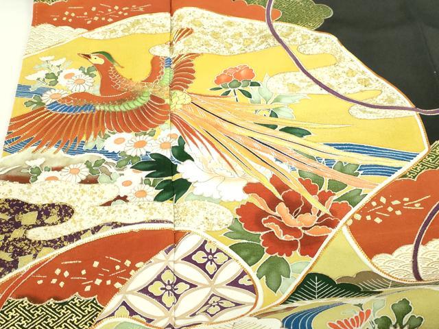 平和屋着物■豪華黒留袖　駒刺繍　尾長鳥草花文　金彩　正絹　逸品　DABE9486sf