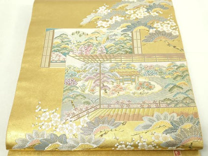 平和屋本店●西陣　長嶋成織物　ながしま帯　本加賀友禅作家　白坂幸蔵監修　太鼓柄袋帯　離宮の四季　本金箔 瀞金錦 正絹 逸品 DABE9519sf