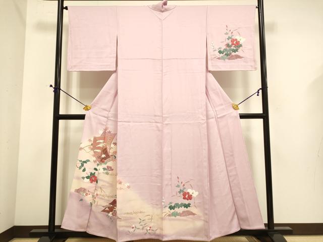 平和屋着物▽訪問着　単衣　絵巻飛鶴花文　暈し染め　金彩　正絹　逸品　DABE9528du