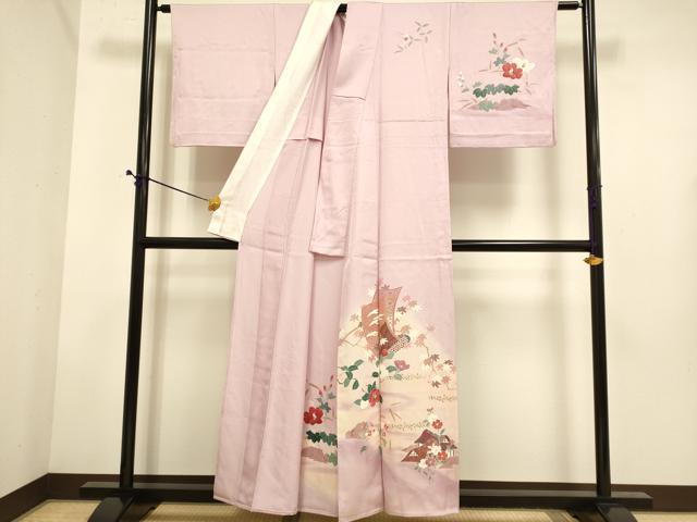 平和屋着物▽訪問着　単衣　絵巻飛鶴花文　暈し染め　金彩　正絹　逸品　DABE9528du