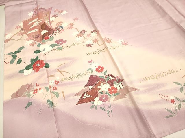 平和屋着物▽訪問着　単衣　絵巻飛鶴花文　暈し染め　金彩　正絹　逸品　DABE9528du