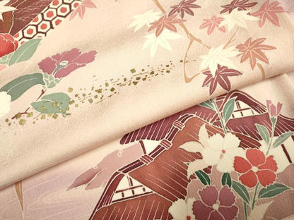 平和屋着物▽訪問着　単衣　絵巻飛鶴花文　暈し染め　金彩　正絹　逸品　DABE9528du