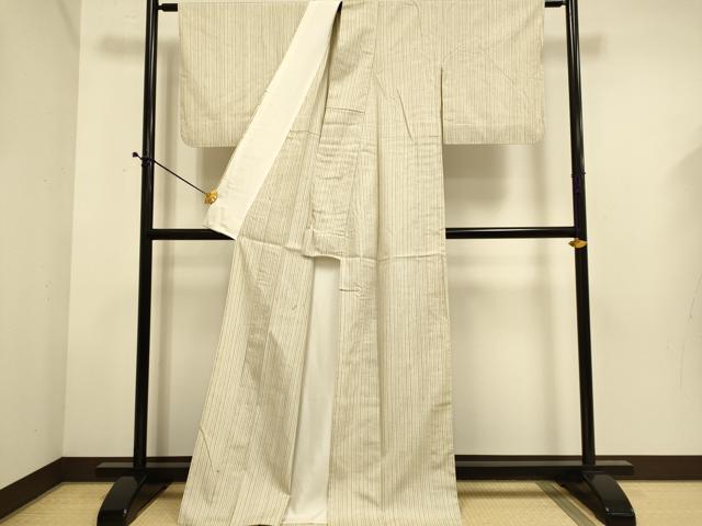 平和屋着物▽上質な紬　単衣　縞　ロング丈　正絹　逸品　DABE9530du