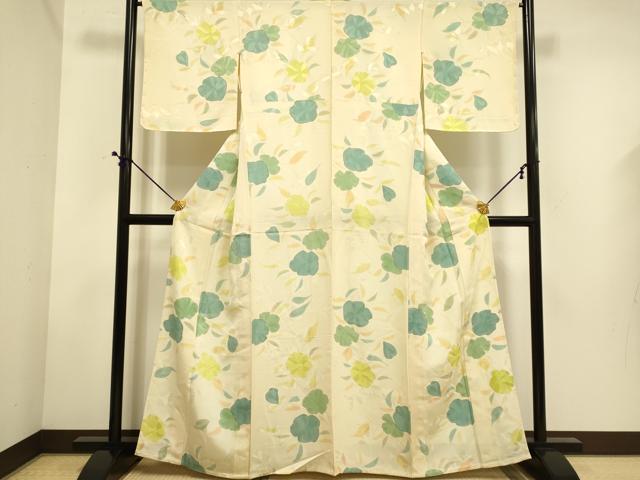 平和屋着物▽上質な小紋　単衣　草花文　地紋起こし　正絹　逸品　DABE9533du
