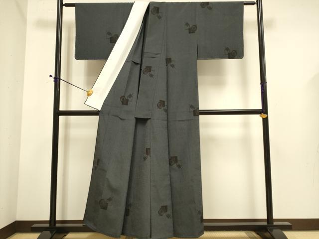 平和屋着物▽本塩沢　単衣　糸車文　正絹　逸品　未使用　DABE9534du