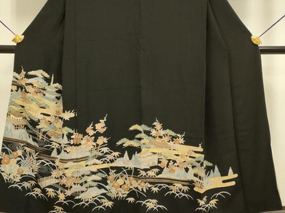 平和屋着物■豪華黒留袖 駒刺繍 風景文 金彩 正絹 逸品 DABE9543du