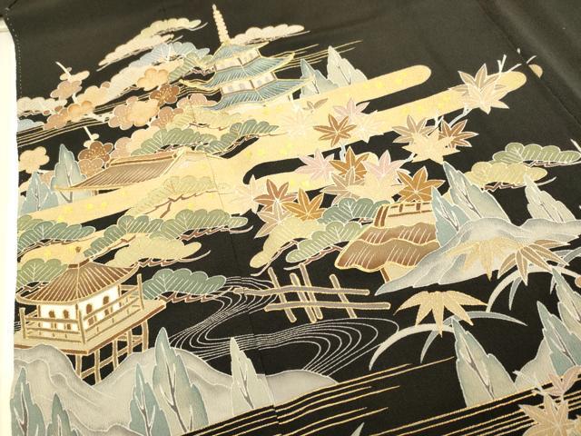 平和屋着物■豪華黒留袖 駒刺繍 風景文 金彩 正絹 逸品 DABE9543du