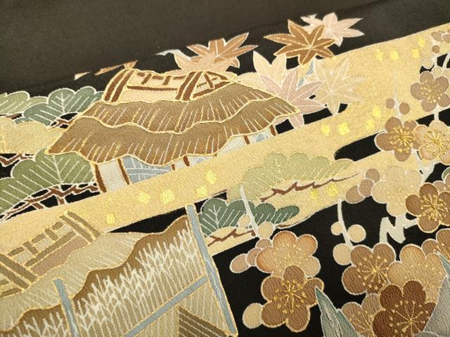 平和屋着物■豪華黒留袖 駒刺繍 風景文 金彩 正絹 逸品 DABE9543du