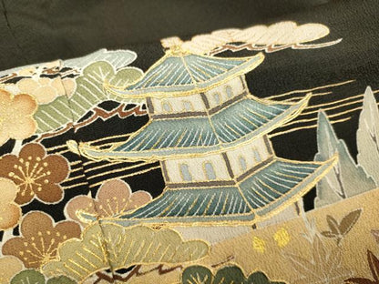 平和屋着物■豪華黒留袖 駒刺繍 風景文 金彩 正絹 逸品 DABE9543du