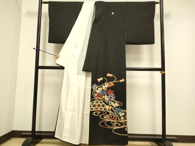 平和屋着物■豪華黒留袖 総刺繍 流水花文 金糸 正絹 逸品 DABE9555du