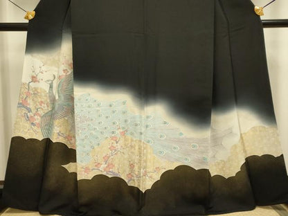 平和屋着物■豪華黒留袖 寿光織 孔雀枝梅文 暈し染め 金糸 正絹 逸品 DABE9592du