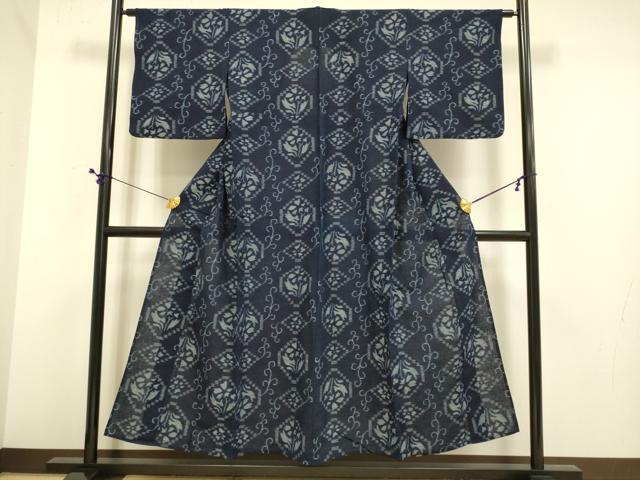 平和屋着物●久留米絣　単衣　花唐草文　綿　逸品　DABE9612du