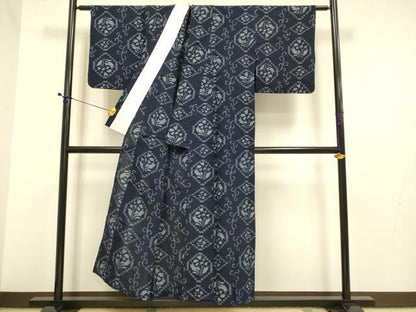 平和屋着物●久留米絣　単衣　花唐草文　綿　逸品　DABE9612du