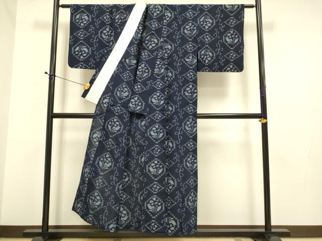 平和屋着物●久留米絣　単衣　花唐草文　綿　逸品　DABE9612du