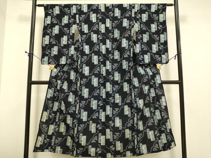 平和屋着物●久留米絣　単衣　短冊舞蝶文　綿　逸品　DABE9614du